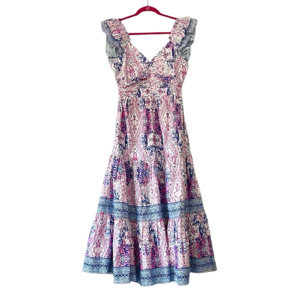 Caroline Constas Tiered Smocked Back Maxi Midi Dress in Diamond Floral Print M